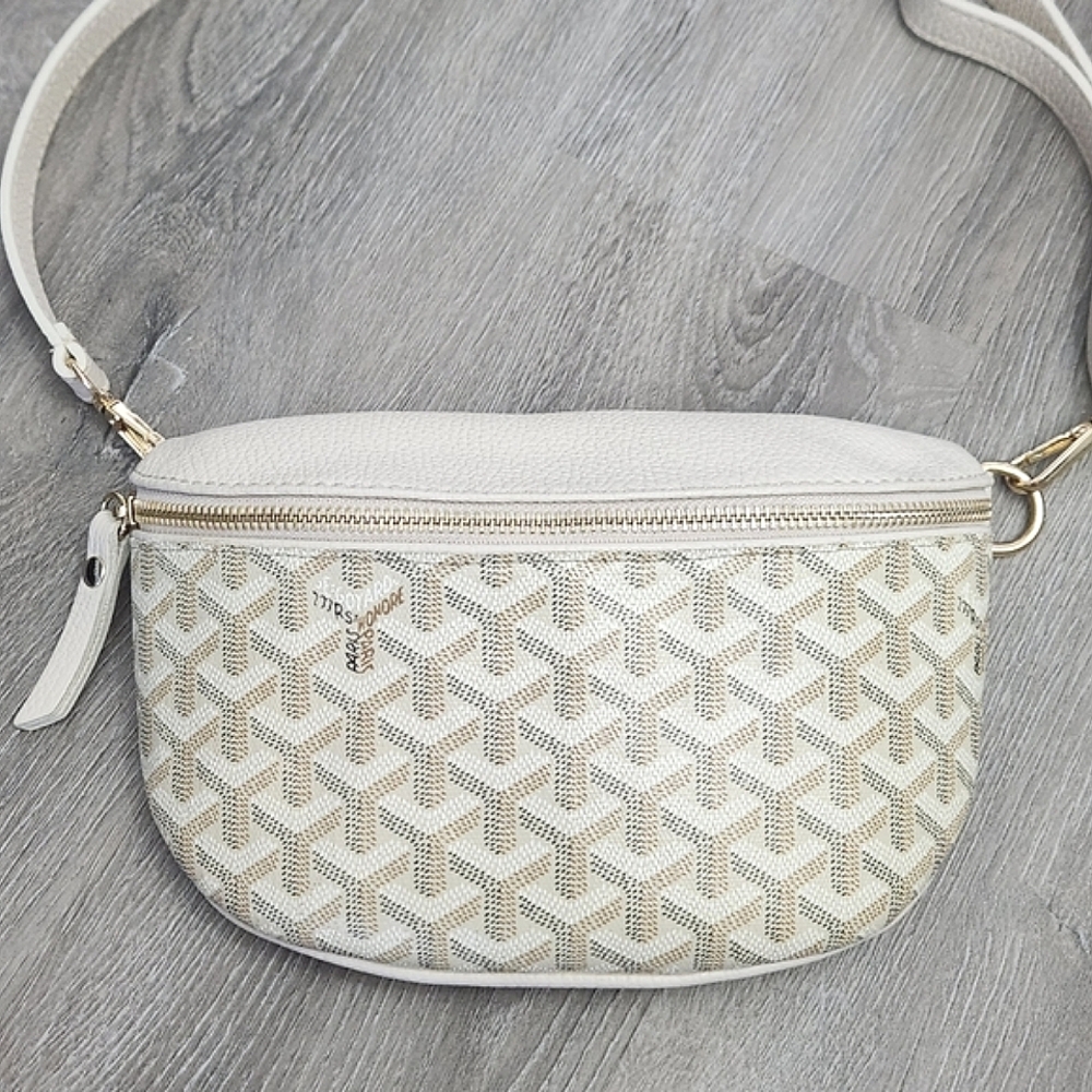 NO. 18 BOUTIQUE GENUINE LEATHER UPCYCLED ECRU GOYARD PRINT BELT CROSSBODY BAG
